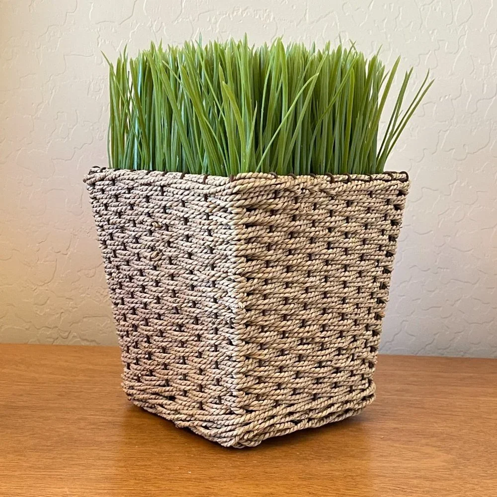 Faux Fake Plant Green Grass Basket Pot in Woven Square Table Top Decor